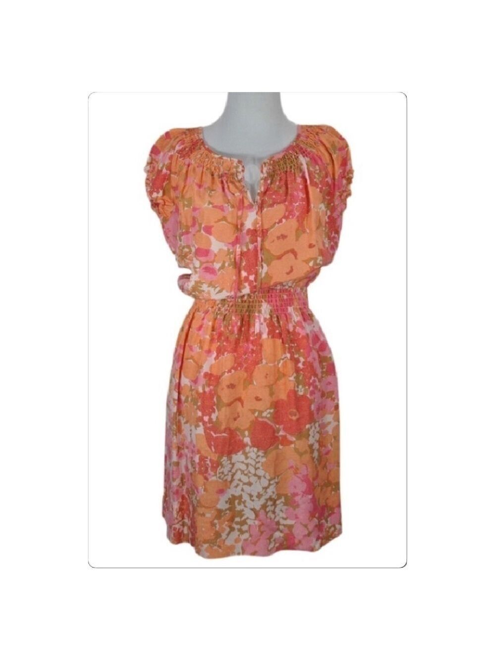 Talbots Petites Smocked Tie Neck Floral Silk Dress Size XSP